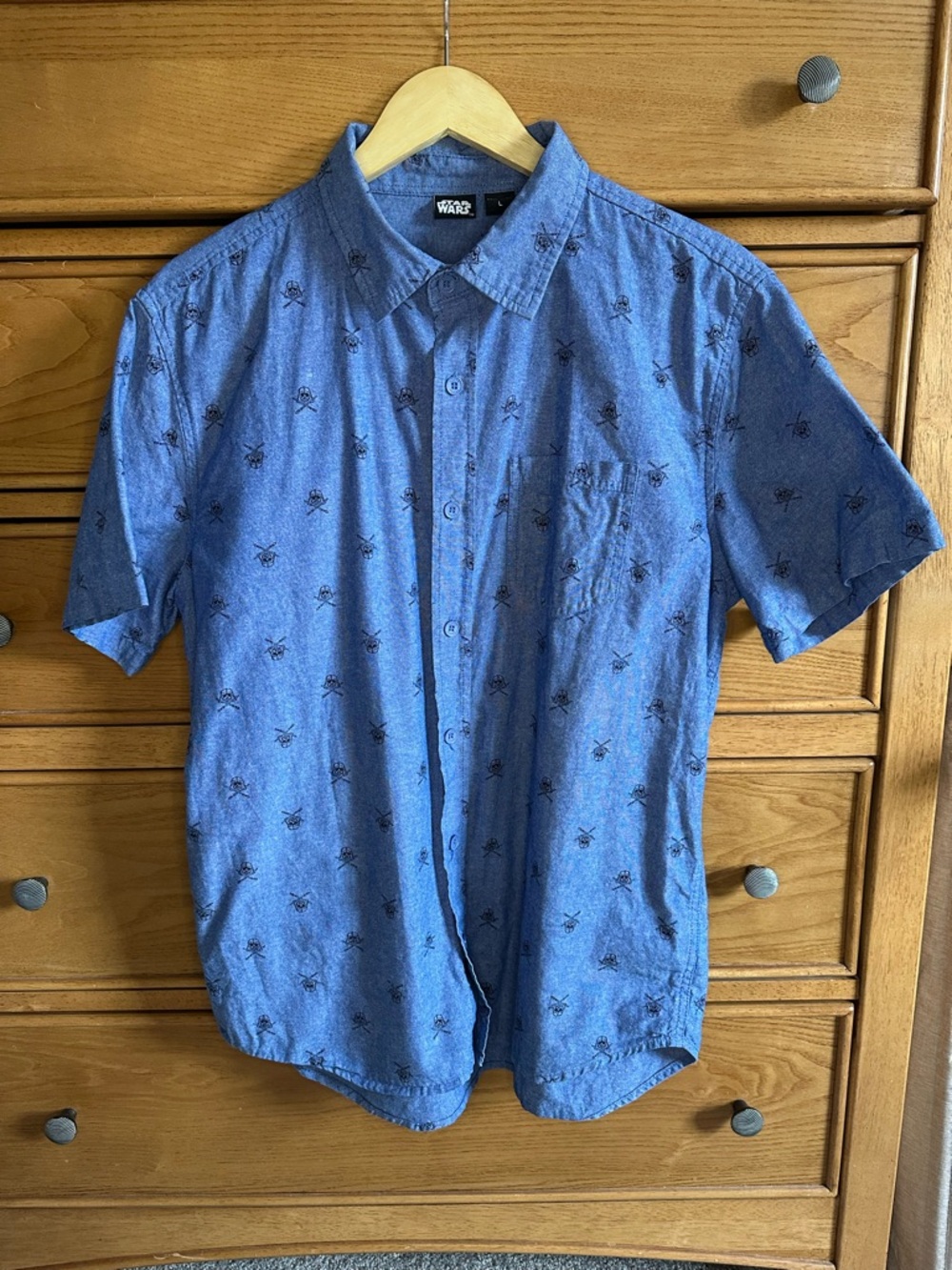 Star Wars Darth Vader Skull Crossbones Blue Short Sleeve Button Down Shirt Sz L